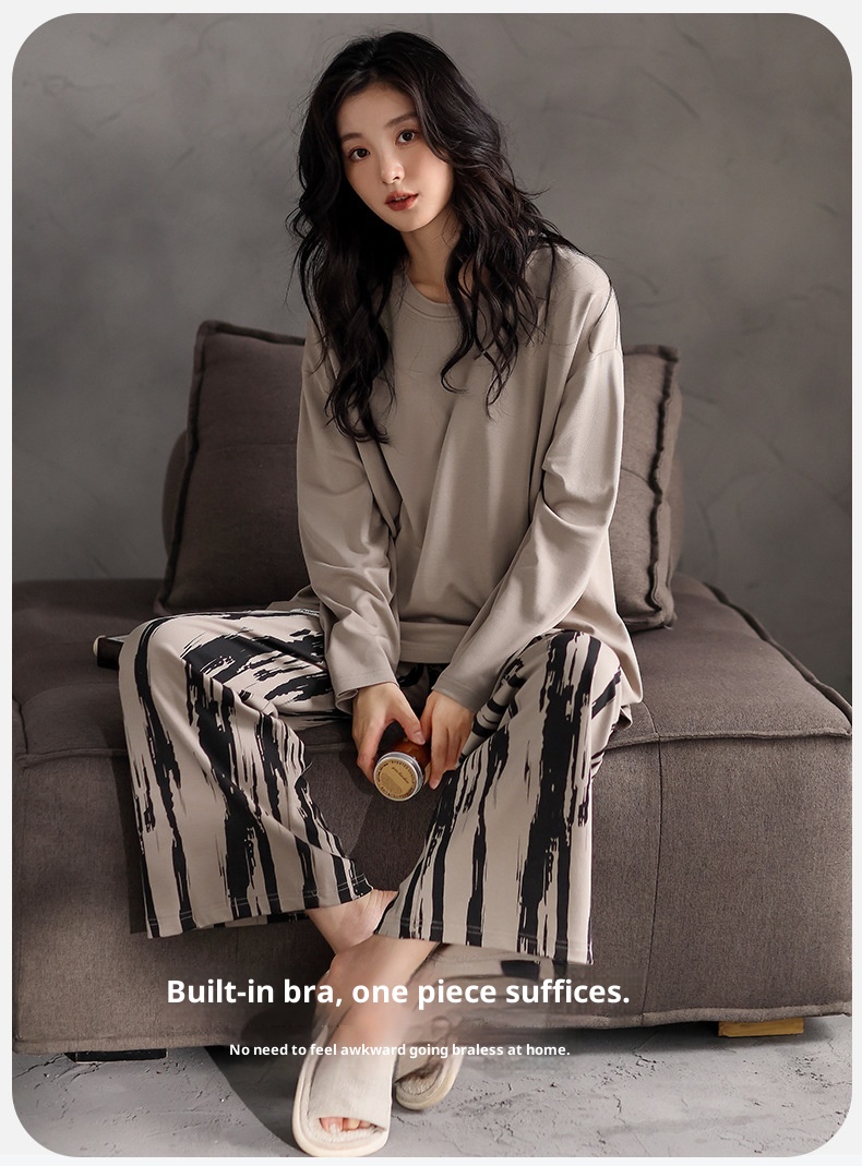 ChicShe Women's Cotton Long Sleeve Round Neck Pullover Simple Casual New Home Wear Set With Built-in Chest Pads For Spring And_voghion.com