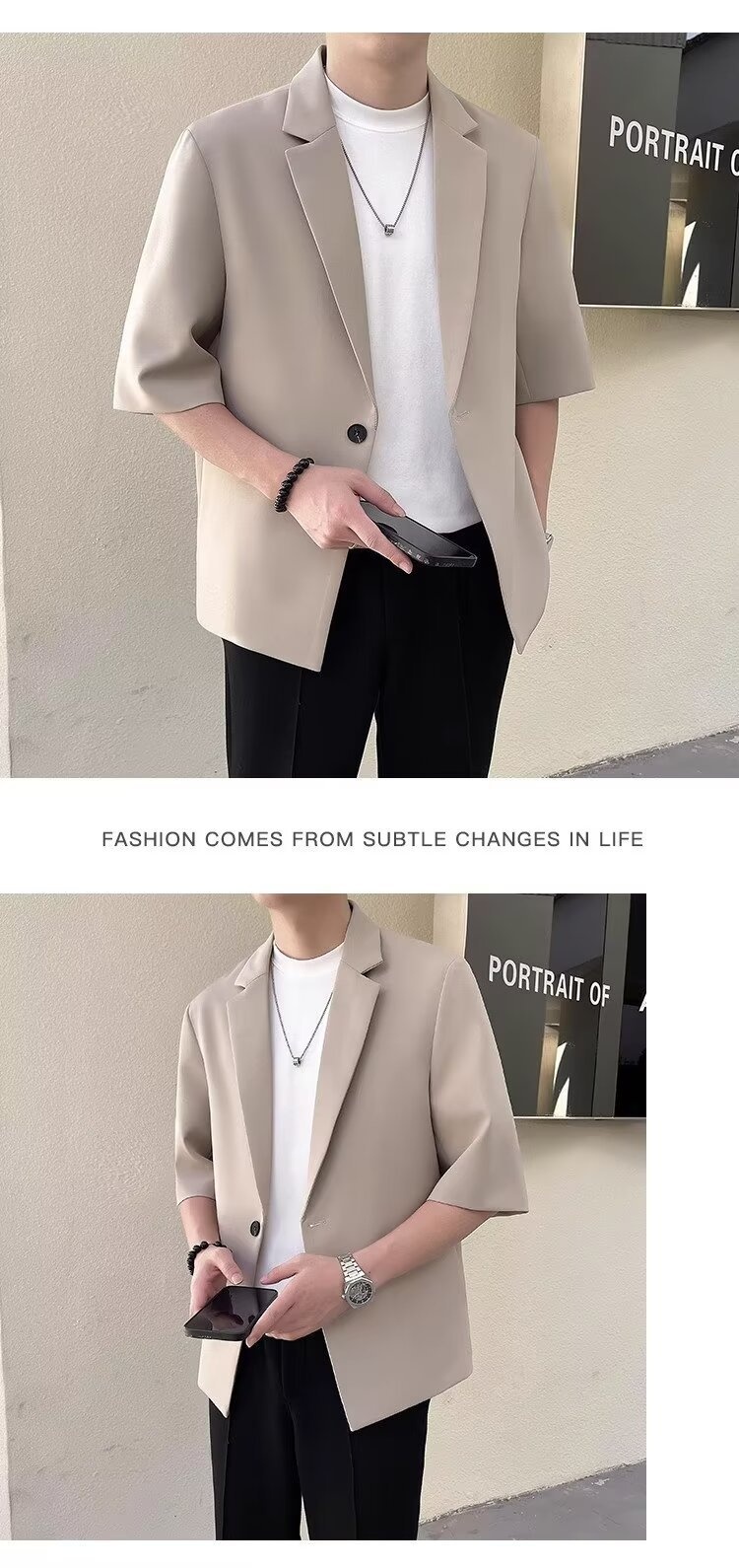 Completo estivo da uomo a maniche corte, slim fit, casual, alla moda, con maniche a sette quarti, piccolo blazer coreano_voghion.com