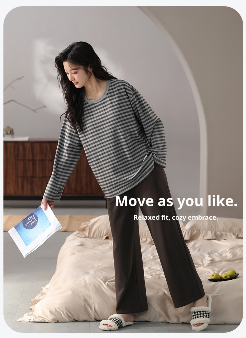 ChicShe Women's Cotton Long Sleeve Round Neck Pullover Simple Casual New Home Wear Set With Built-in Chest Pads For Spring And_voghion.com