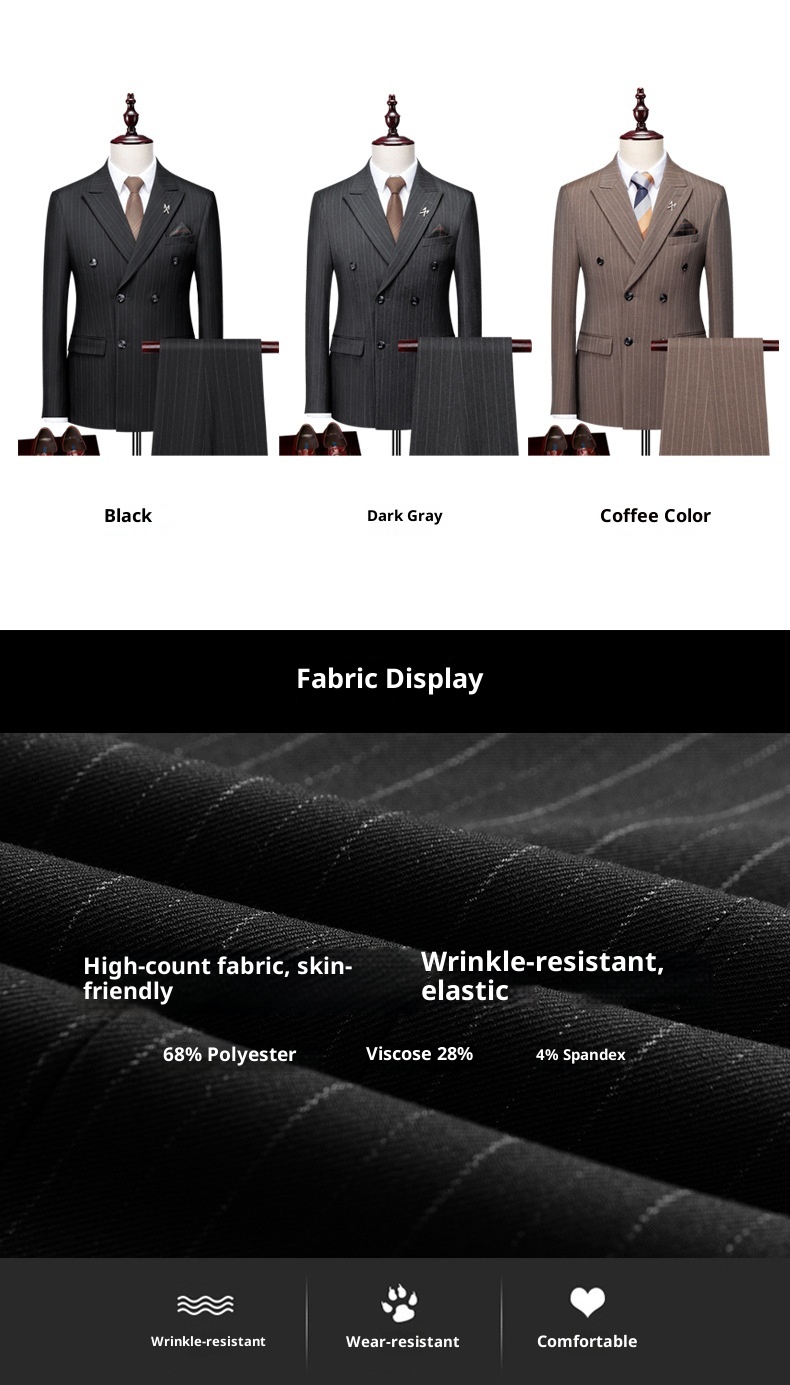 Jongen High-End Koffiekleurige Gestreepte Set Voor Heren Met Split En Dubbelrijs Zwart Zakelijk Pak Bruidegom Trouwoutfit_voghion.com