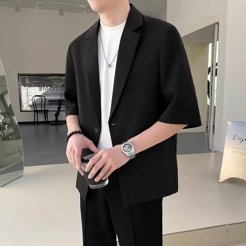 boy Summer Mid-Sleeve Suit Set For Men Slim Fit Casual Short Men's Fashionable Seven-Quarter Sleeve Small Blazer Korean_voghion.com