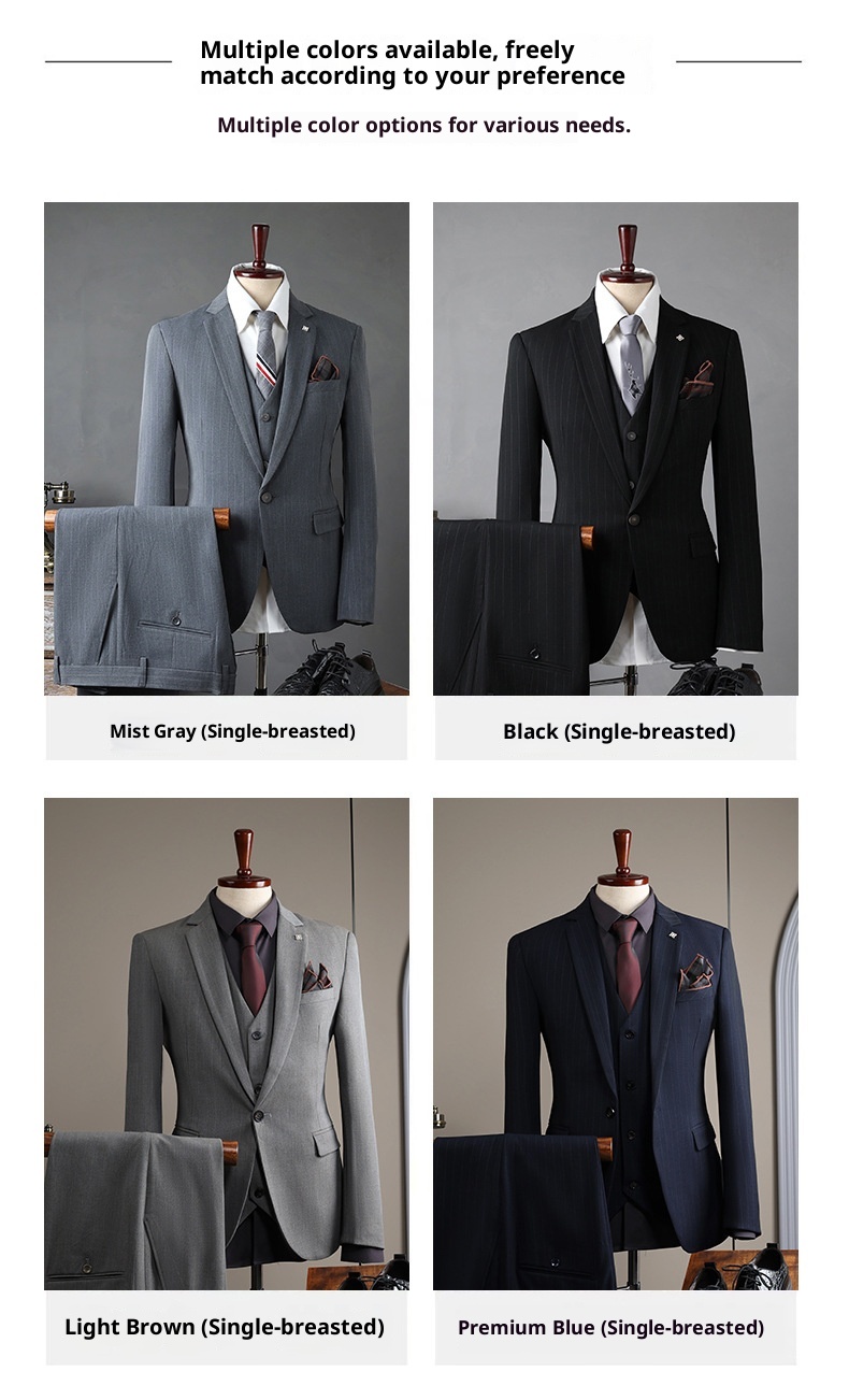 Traje de hombre con rayas grises, estilo coreano, corte ajustado, ideal para bodas, banquetes y eventos formales e informales._voghion.com