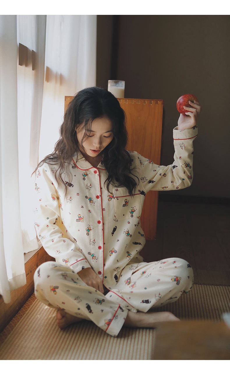 ChicShe Circus 69 – Japanischer Pyjama für Damen, Frühlings- und Winter-Homewear-Set aus gebürsteter Baumwolle mit Cartoon-Motiven_voghion.com