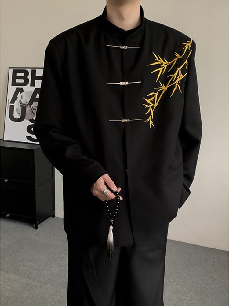 boy New Chinese Men's Engagement National Style Stand Collar Zhongshan Gold Bamboo Embroidery Boys Adult Formal Suit_voghion.com