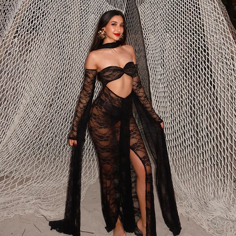 Robe bustier sexy à manches longues en dentelle GraceChic Q25DS073 INS, style européen et américain, collection été 2025._voghion.com