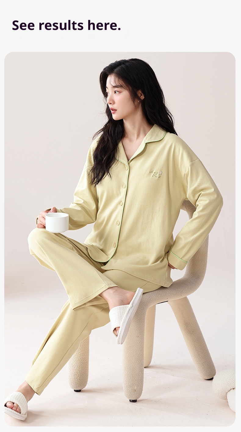 ChicShe 100% Cotton Padded Pajamas Women, Long Sleeve Pants, Simple Casual Korean Style Cardigan With Turn-Down Collar, Suitable_voghion.com