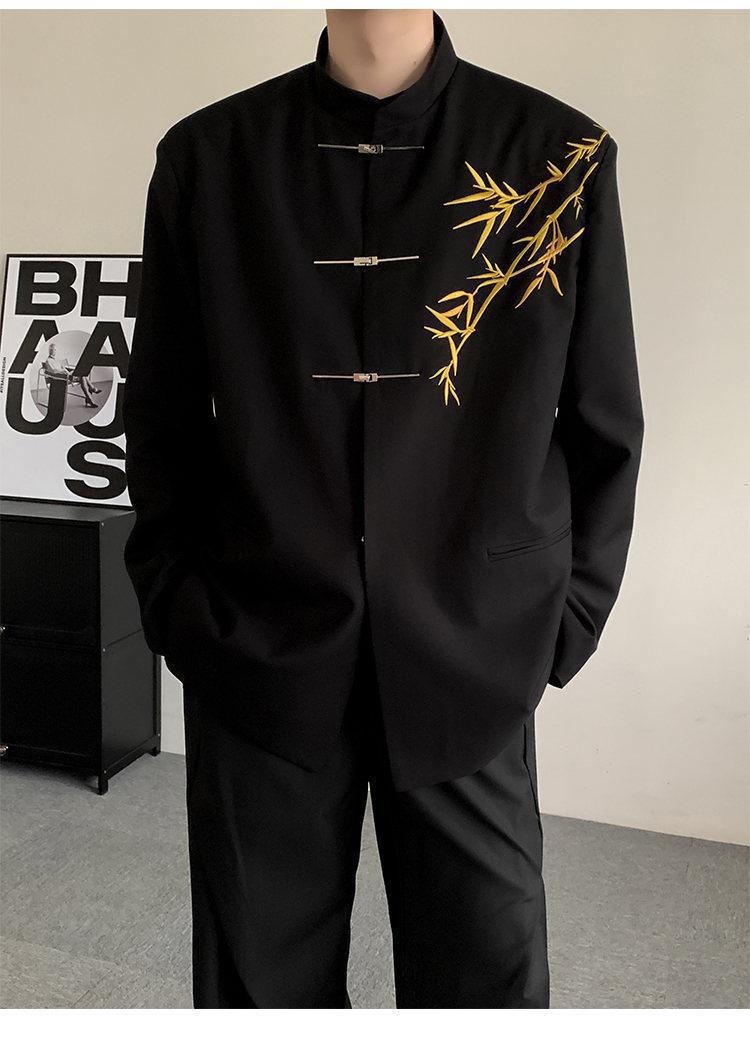 boy New Chinese Men's Engagement National Style Stand Collar Zhongshan Gold Bamboo Embroidery Boys Adult Formal Suit_voghion.com