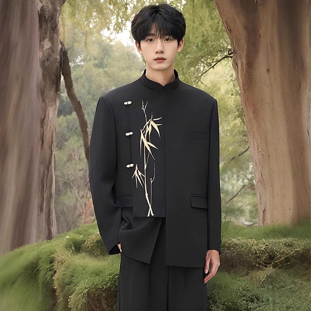 boy New Chinese Men's Formal Engagement Ceremony Irregular Set National Style Stand Collar Golden Bamboo Embroidery_voghion.com
