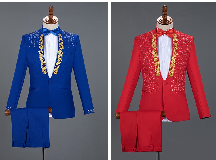 Costume da esibizione per uomo, adulto, con colletto alto e paillettes, cantante, presentatore, coro da palcoscenico, completo formale da uomo_voghion.com