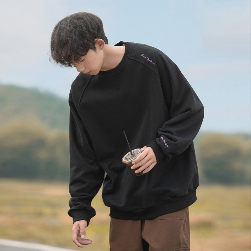 boy Boy Boy Heavyweight 400G Spliced Raglan Sleeve Crew Neck Sweatshirt Men Spring New American Style Letter Embroidery Casual_voghion.com