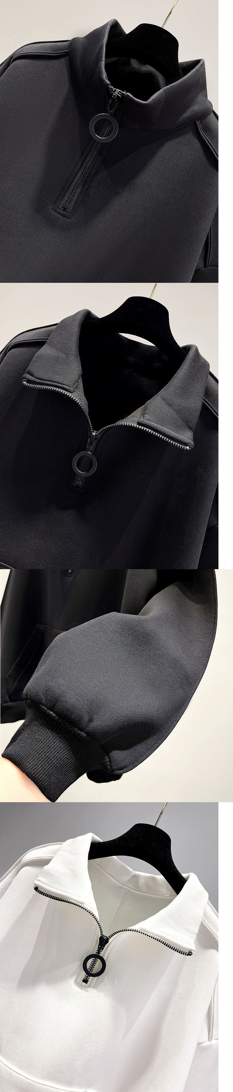 Felpa con cappuccio nera da uomo con mezza zip, giacca retrò americana con cappuccio e colletto rialzato primaverile, abbigliamento da uomo alla moda in stile street di fascia alta_voghion.com