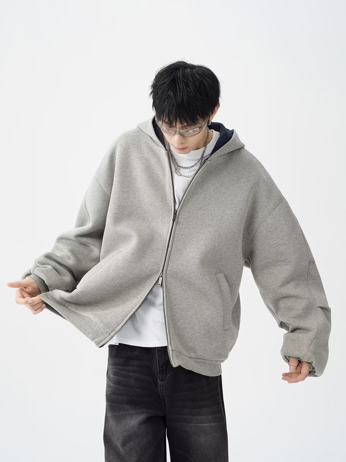 boy Boy American Style Heavyweight Double Zipper Hooded Sweatshirt For Men Spring Cool Casual Jacket Thickened Color-Block_voghion.com