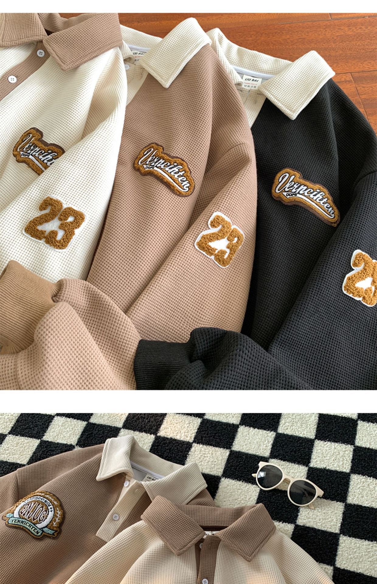 boy Boy Waffle Polo Sweatshirt For Men Spring Autumn Ins Trendy Brand Embroidered Turn-down Collar American Retro Heavyweight_voghion.com