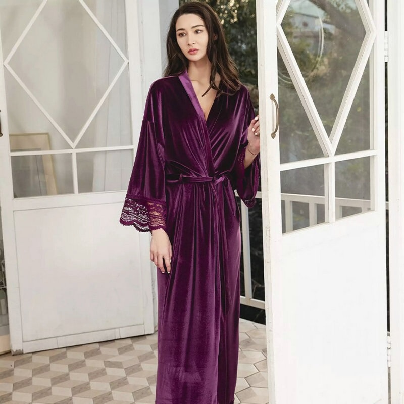ChicShe Long Sleeve Fleece-Lined Nightgown For Women Winter Spring Sexy Strap Nightdress Palace Style Homewear Velvet Pajamas_ecoleips.com