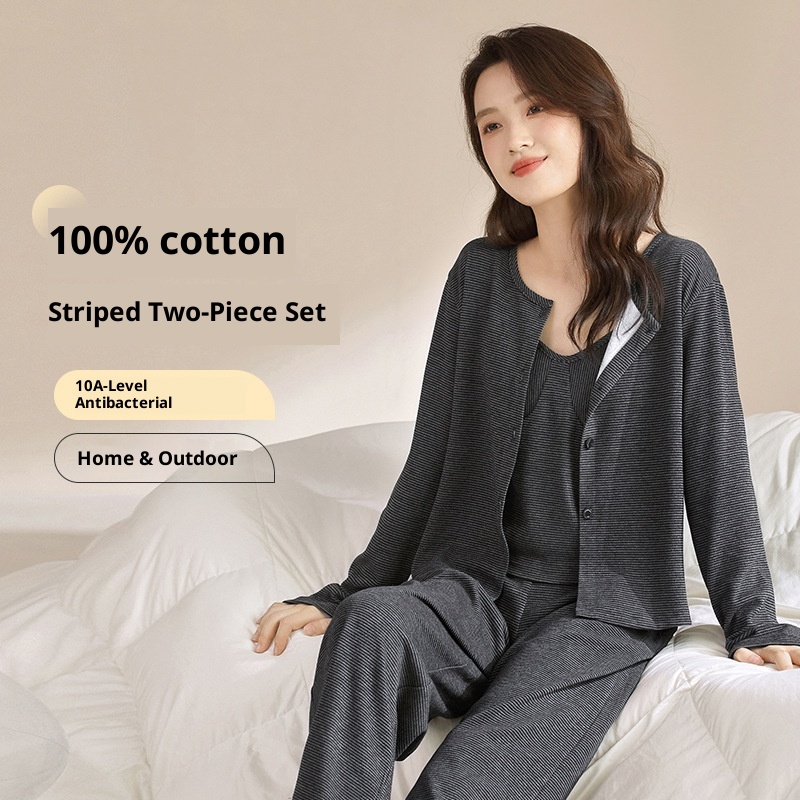 ChicShe Round Shell Three-Piece Pajamas For Women, Spring And Autumn, Pure Cotton, Long Sleeve, Camisole With Chest Pad,_voghion.com