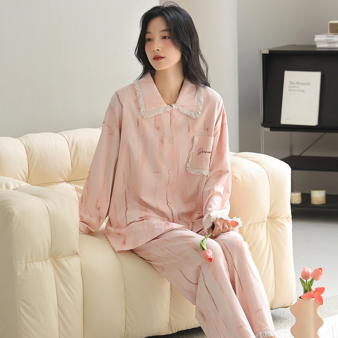 ChicShe 2025 Nuovo Pigiama da Donna Puro Cardigan con Colletto Risvoltato Manica Lunga Donna Casual Primavera Autunno Completo da Casa in Cotone_voghion.com