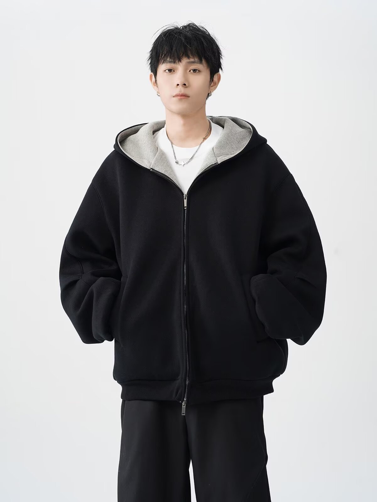 boy Boy American Style Heavyweight Double Zipper Hooded Sweatshirt For Men Spring Cool Casual Jacket Thickened Color-Block_voghion.com