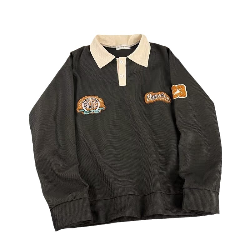 boy Boy Waffle Polo Sweatshirt For Men Spring Autumn Ins Trendy Brand Embroidered Turn-down Collar American Retro Heavyweight_voghion.com