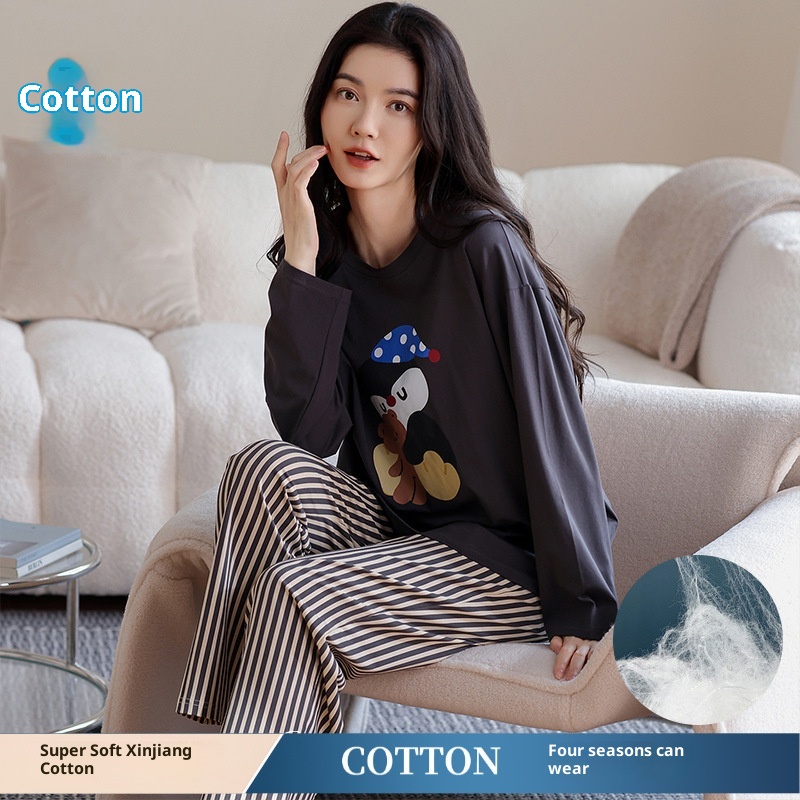 ChicShe Pyjama aus 100 % Baumwolle für Damen, Frühjahr/Herbst 2025: Neues, lässiges und lockeres Set mit Cartoon-Ärmeln, langen Hosen und Streifenmuster._voghion.com