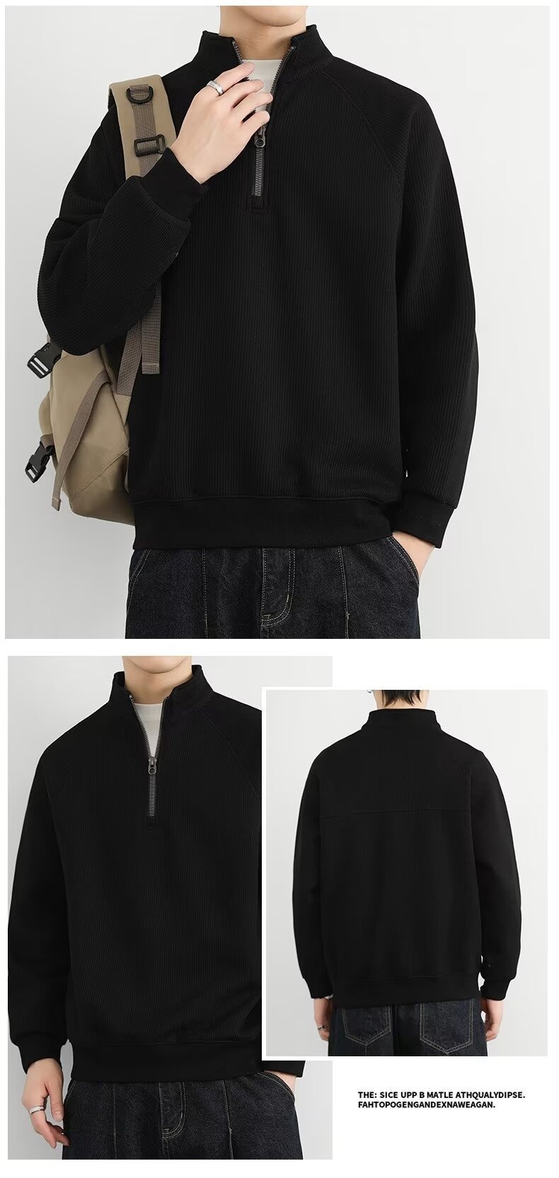 boy Boy Boy Half-Zip Stand Collar Sweatshirt Men, Spring, Autumn, Winter, American Retro Style, Fleece-Lined, Thickened, Solid_voghion.com