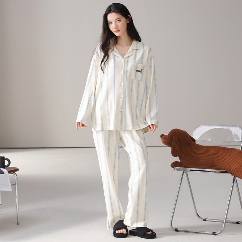 ChicShe 2025 Spring And Autumn Simple Casual Pure Cotton Women's Pajamas Sleeve Long Pants Cardigan Style Breathable Comfortable_voghion.com