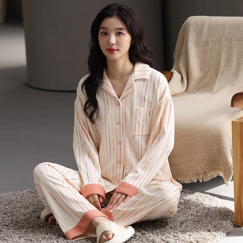 ChicShe Women's Cotton Pajamas With Chest Pads, Autumn New Sleeve Long Pants Cardigan Set, Suitable For Outdoor Wear, Casual_voghion.com