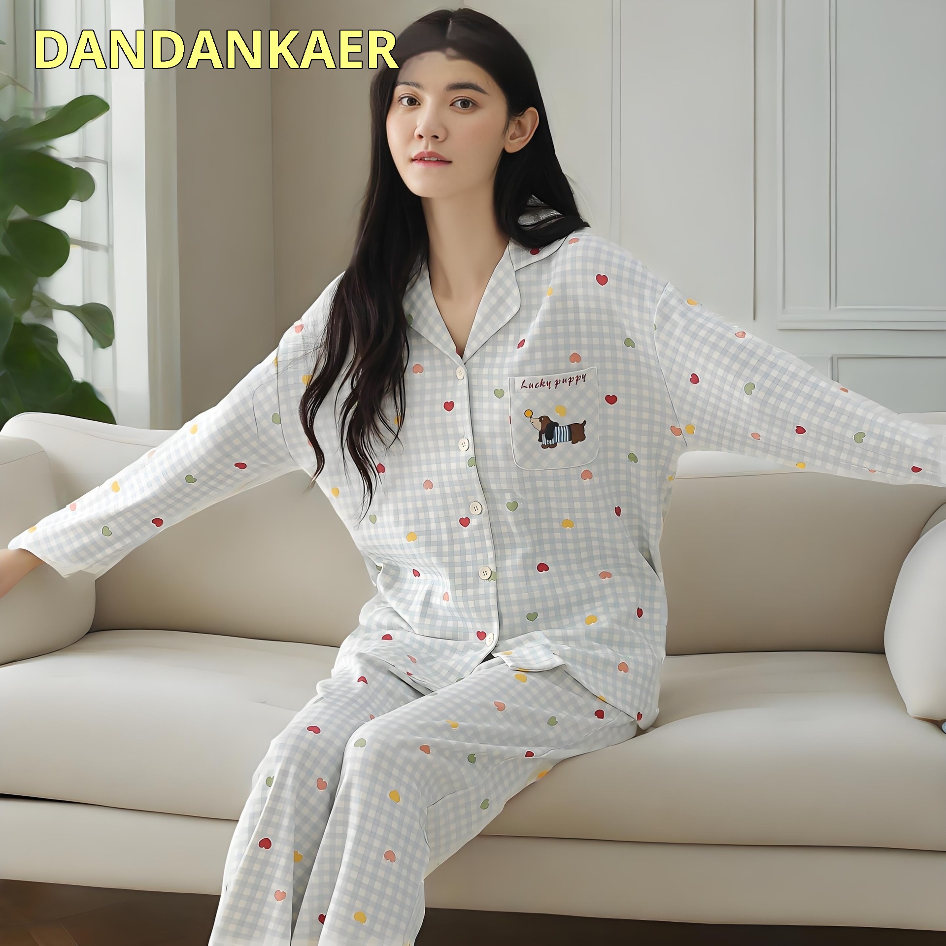 ChicShe Nuovo Pigiama in Cotone da Donna, Cardigan con Colletto Risvoltato Autunnale, Design Stampato Dolce e Carino, Adatto per Capispalla,_voghion.com