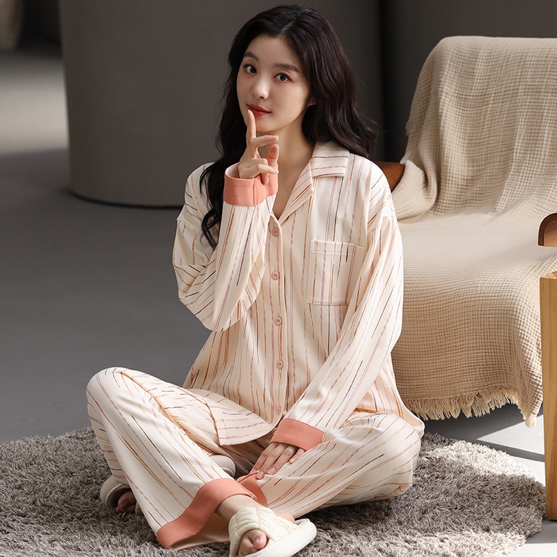 ChicShe Women's Cotton Pajamas With Chest Pads, Autumn New Sleeve Long Pants Cardigan Set, Suitable For Outdoor Wear, Casual_voghion.com