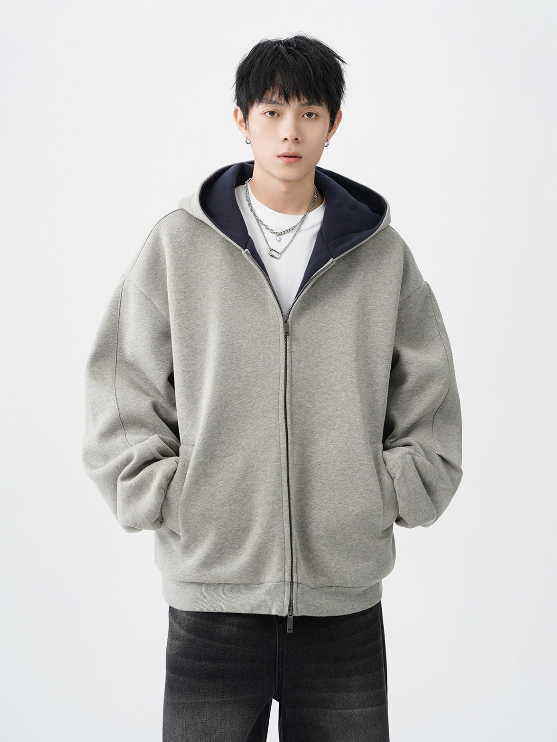 Herren-Cardigan mit doppeltem Reißverschluss, schweres Material, trendig, locker, lässig, steif, farblich abgesetzt, amerikanischer Retro-Hoodie_voghion.com