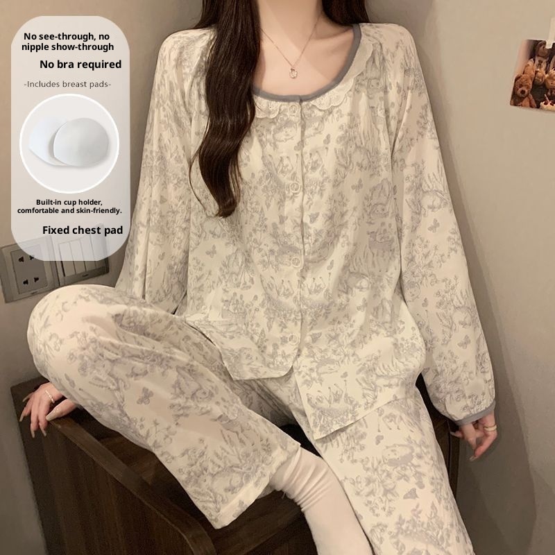 ChicShe Women's Pajamas With Chest Pads, Spring And Autumn Long Sleeve Cloud Cotton 2025 New Round Neck Cute Homewear Set,_voghion.com