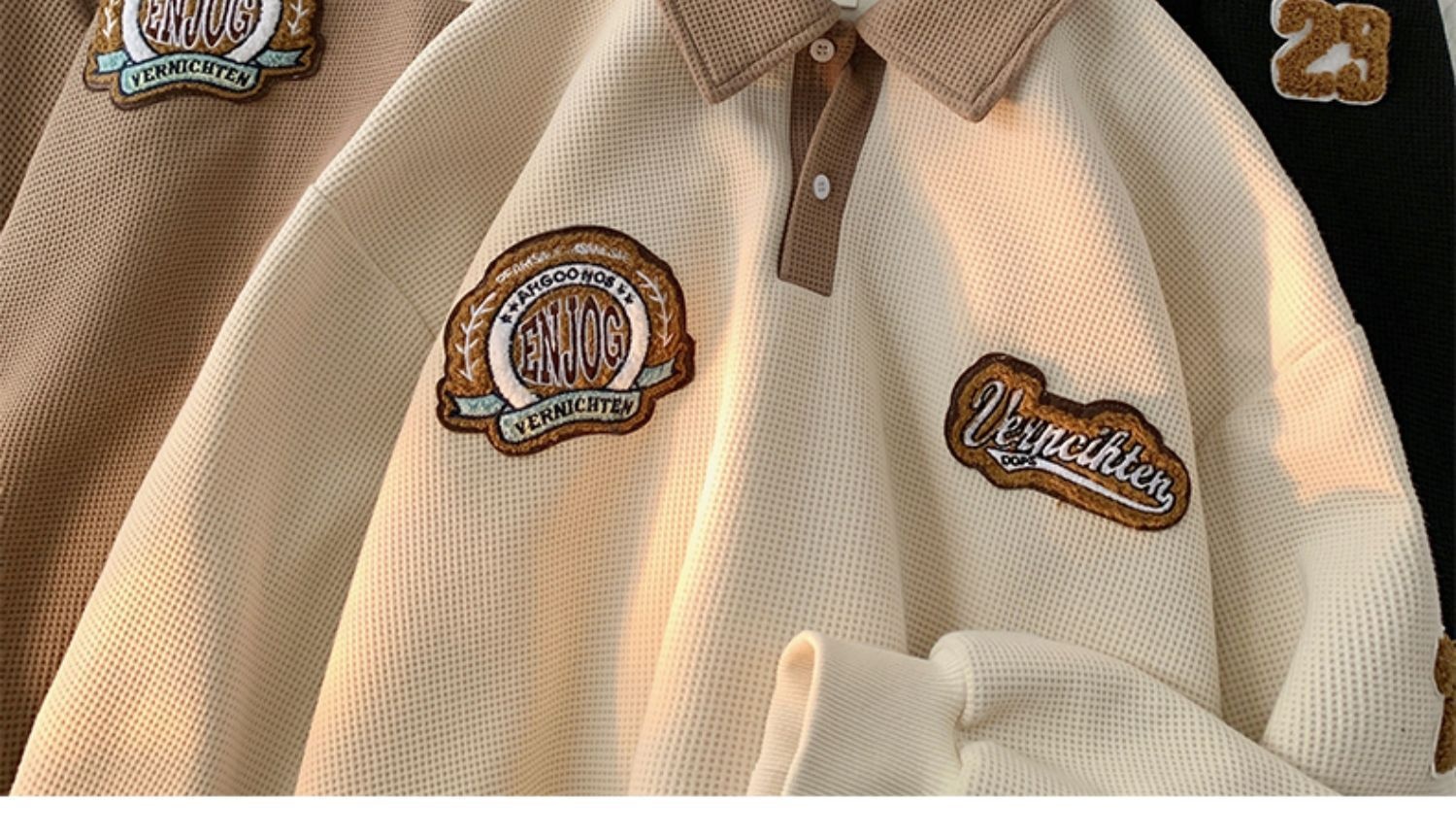 boy Boy Waffle Polo Sweatshirt For Men Spring Autumn Ins Trendy Brand Embroidered Turn-down Collar American Retro Heavyweight_voghion.com