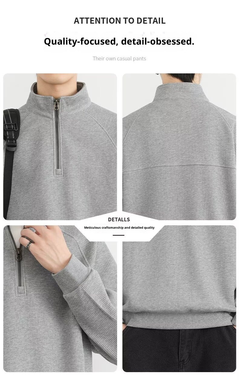 boy Boy Boy Half-Zip Stand Collar Sweatshirt Men, Spring, Autumn, Winter, American Retro Style, Fleece-Lined, Thickened, Solid_voghion.com