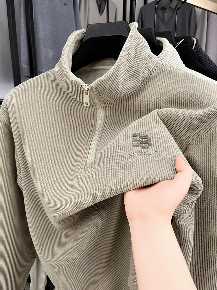 boy Boy Boy 2025 Neues Herren-Langarmshirt mit halbem Reißverschluss, sandfarbenem Kragen und Sweashir-Oberteil, warm gefüttert, für Frühling und Herbst_voghion.com