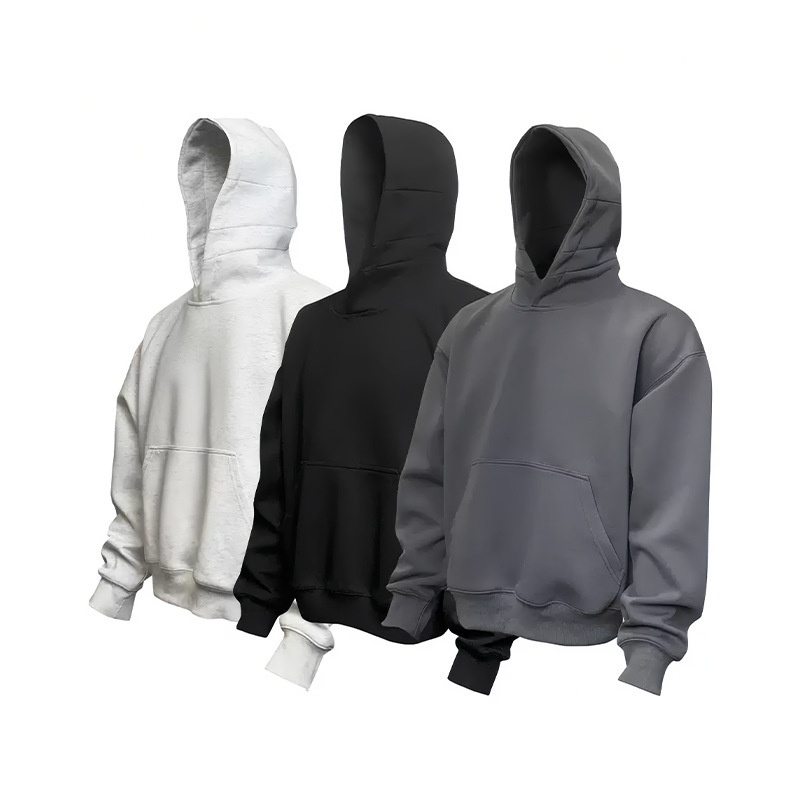 Schwarzes, kurzes, kastenförmiges Sweatshirt für Herren mit Kapuze, ideal für Frühling und Herbst. Schnitt: Amerikanischer Stil, schwere, steife Jacke mit Kapuze._voghion.com