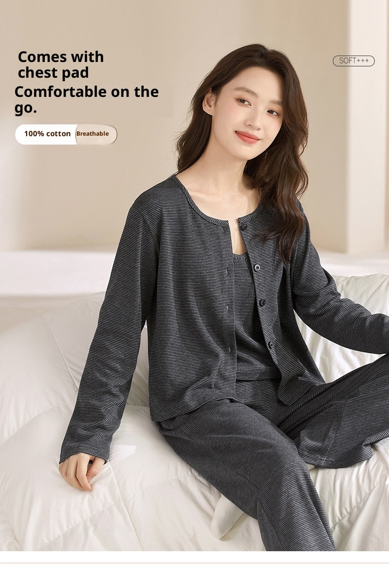 ChicShe Round Shell Three-Piece Pajamas For Women, Spring And Autumn, Pure Cotton, Long Sleeve, Camisole With Chest Pad,_voghion.com