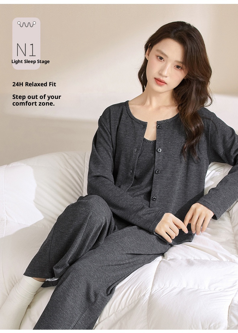 ChicShe Round Shell Three-Piece Pajamas For Women, Spring And Autumn, Pure Cotton, Long Sleeve, Camisole With Chest Pad,_voghion.com