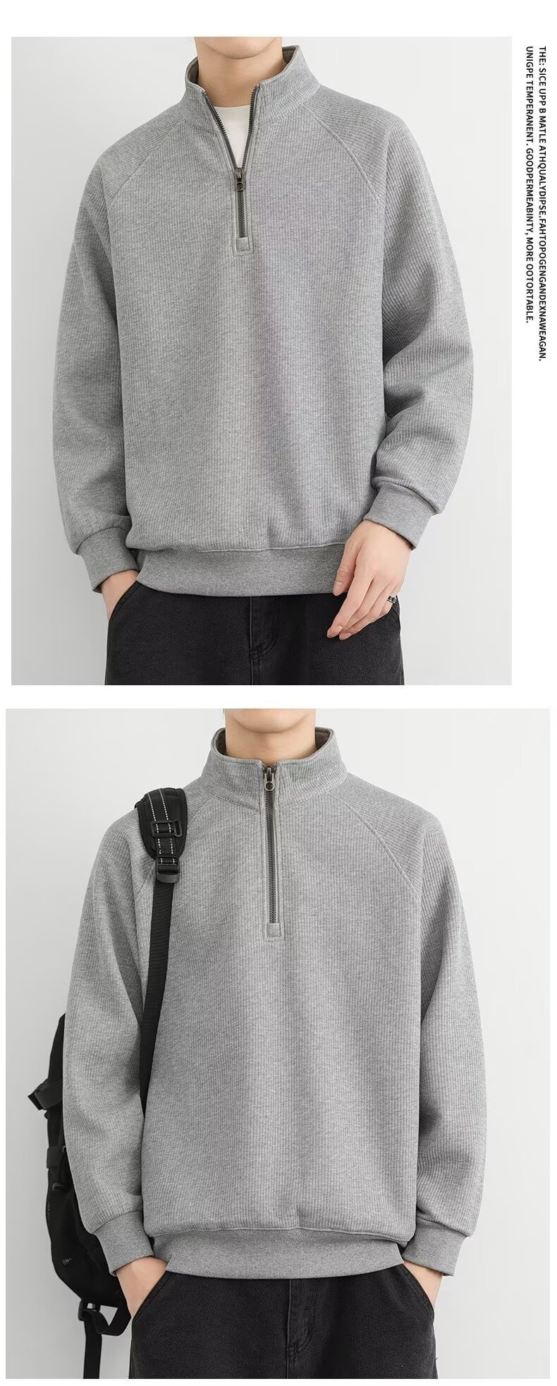 boy Boy Boy Half-Zip Stand Collar Sweatshirt Men, Spring, Autumn, Winter, American Retro Style, Fleece-Lined, Thickened, Solid_voghion.com