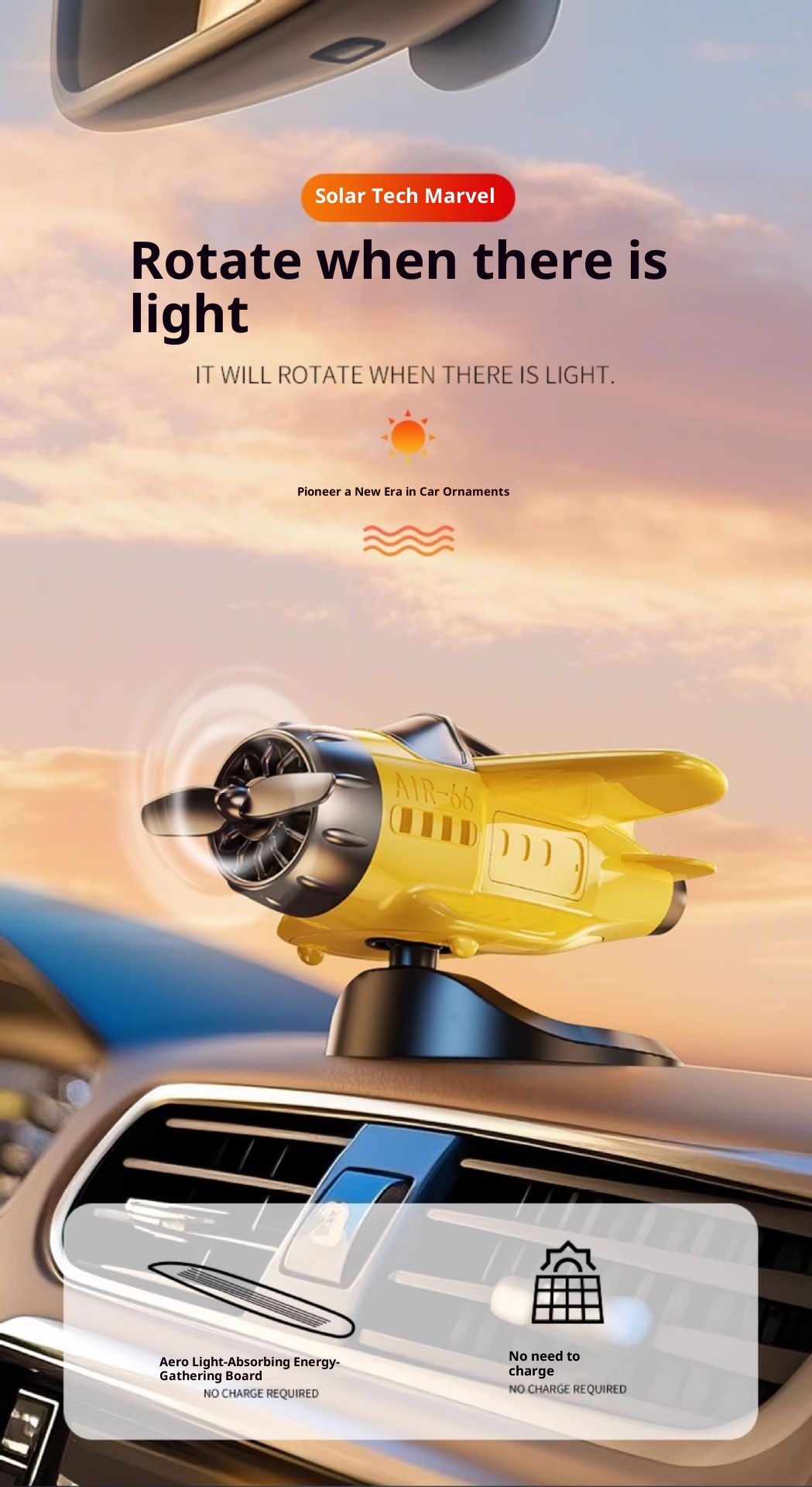 Solarbetriebene, automatisch rotierende Kleinflugzeug-Innenausstattung, kreative Auto-Armaturenbrett-Klebedekoration, universell einsetzbar_voghion.com