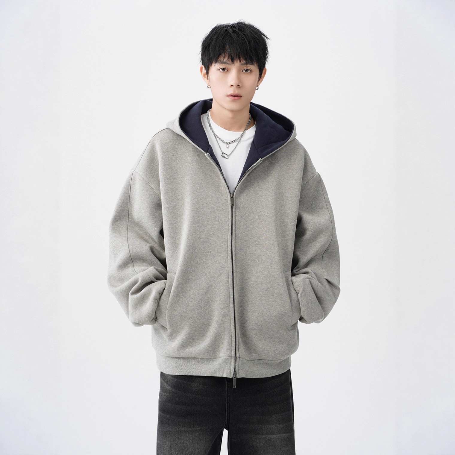 boy Boy Double Zipper Heavyweight Cardigan Sweatshirt Men's Trendy Loose Casual Stiff Color-Block American Retro Hoodie Jacket_voghion.com