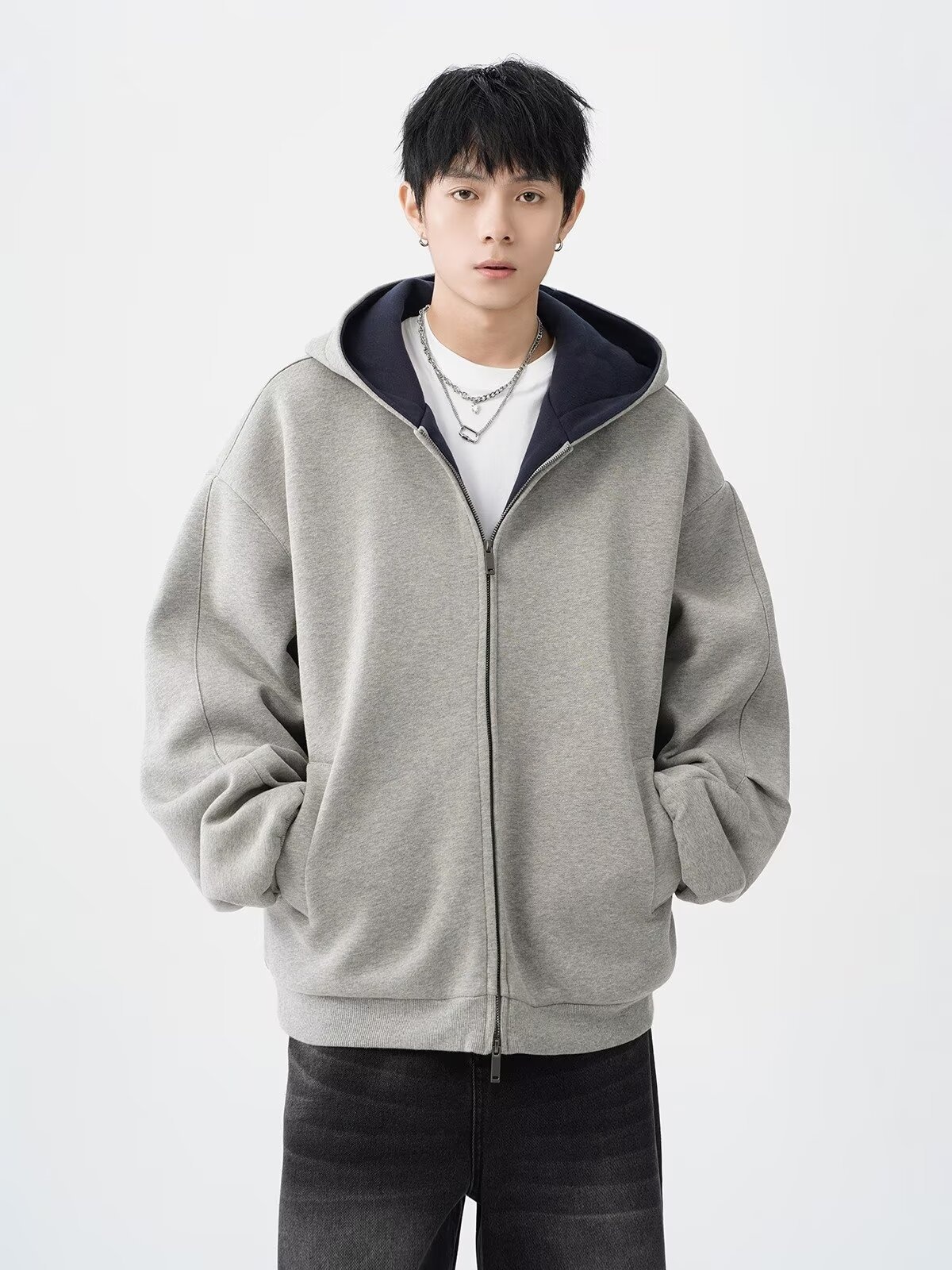 boy Boy American Style Heavyweight Double Zipper Hooded Sweatshirt For Men Spring Cool Casual Jacket Thickened Color-Block_voghion.com