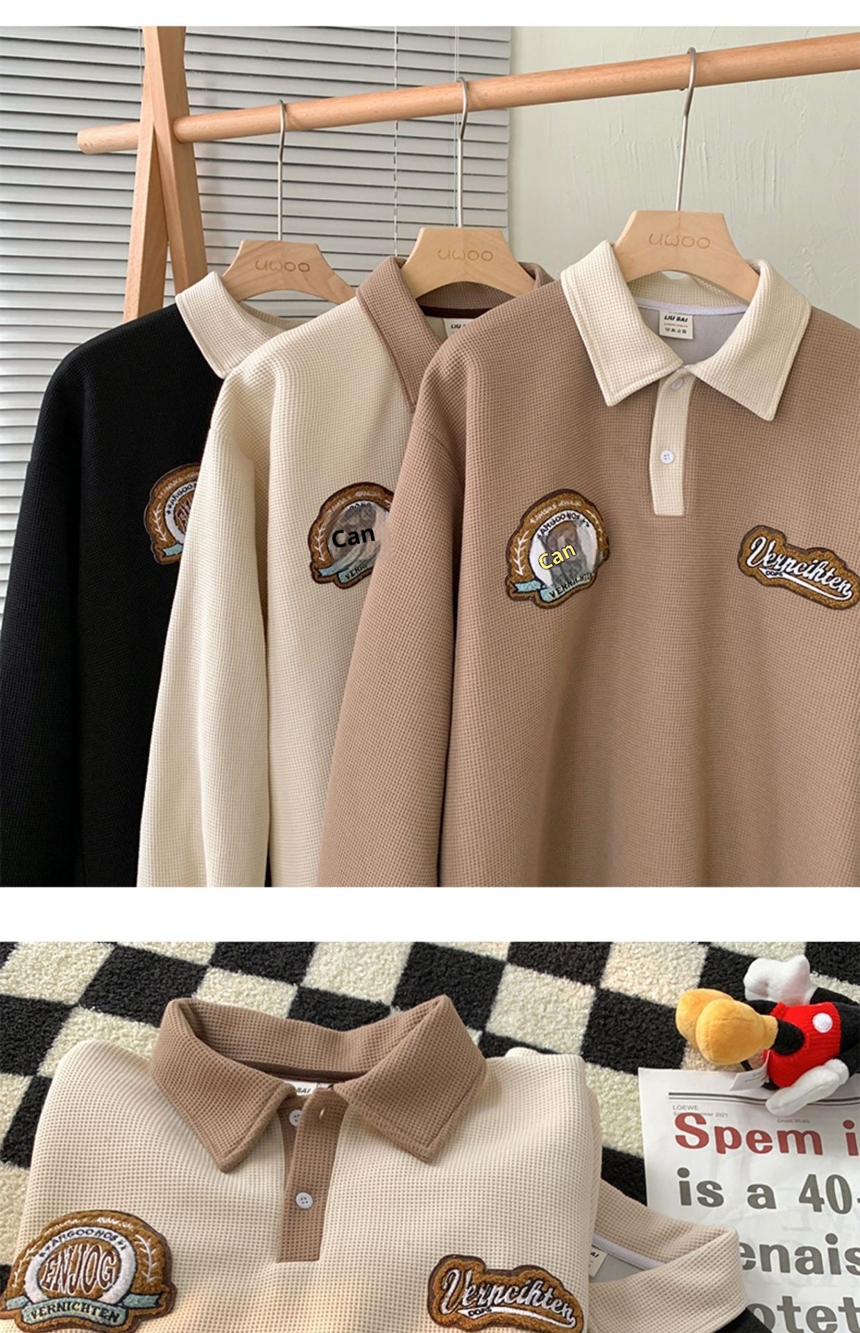 boy Boy Waffle Polo Sweatshirt For Men Spring Autumn Ins Trendy Brand Embroidered Turn-down Collar American Retro Heavyweight_voghion.com