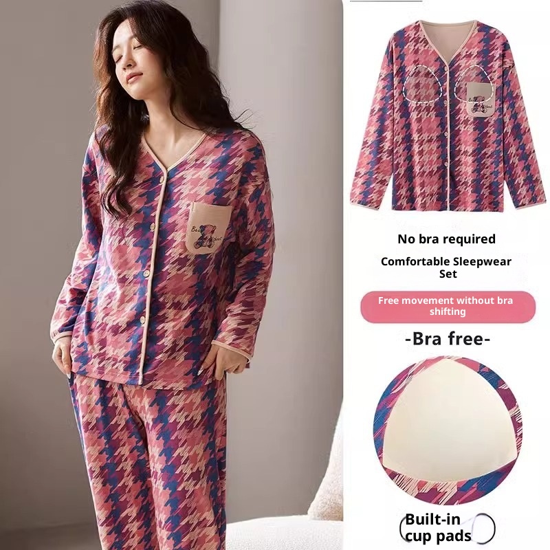 ChicShe Winter Langarmpyjama mit Brustpolstern für Damen, lockere Passform, süße Strickjacke, Übergröße, zweiteiliges Herbst-Homewear-Set_voghion.com