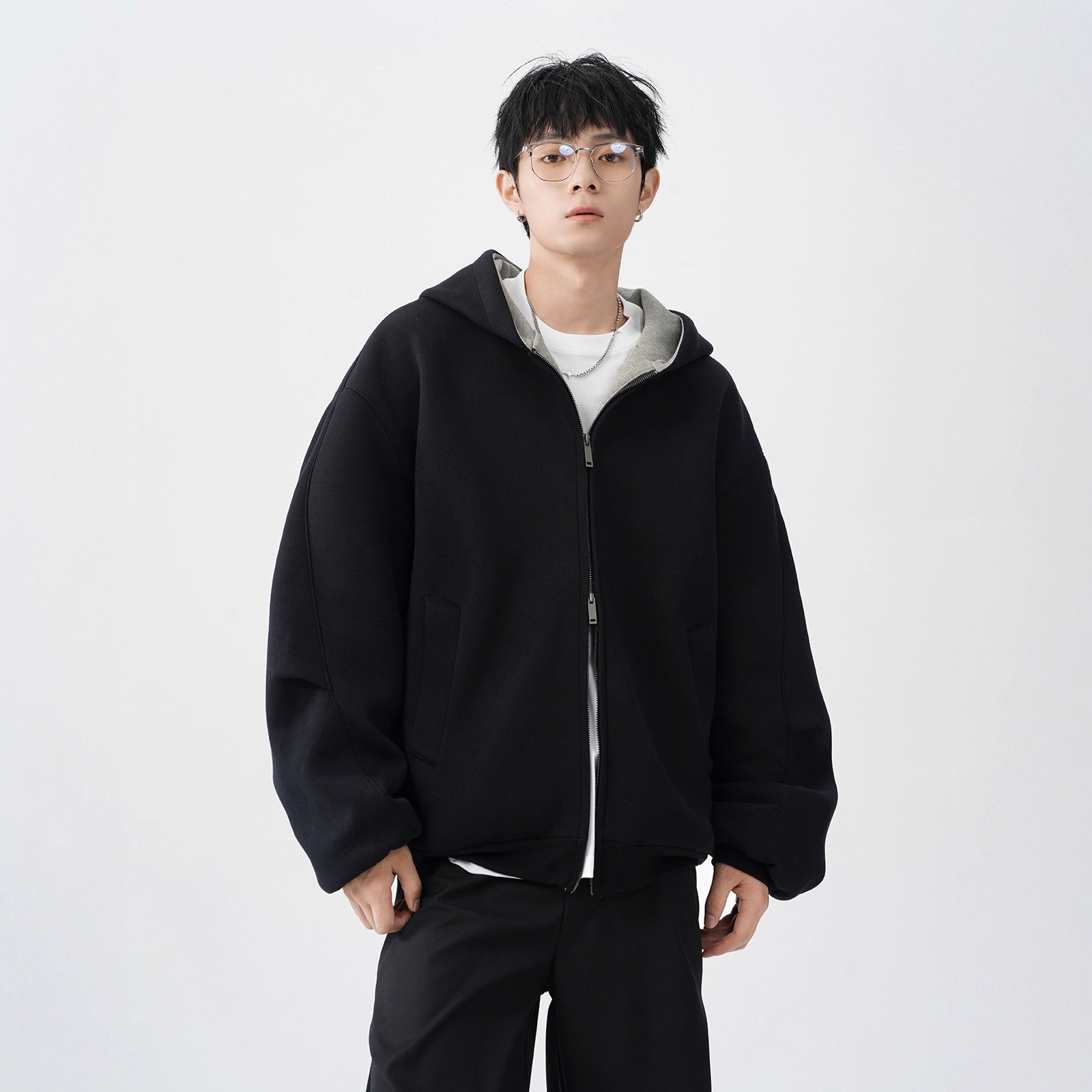 boy Boy Double Zipper Heavyweight Cardigan Sweatshirt Men's Trendy Loose Casual Stiff Color-Block American Retro Hoodie Jacket_voghion.com