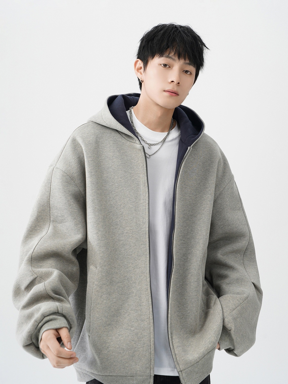 boy Boy Double Zipper Heavyweight Cardigan Sweatshirt Men's Trendy Loose Casual Stiff Color-Block American Retro Hoodie Jacket_voghion.com