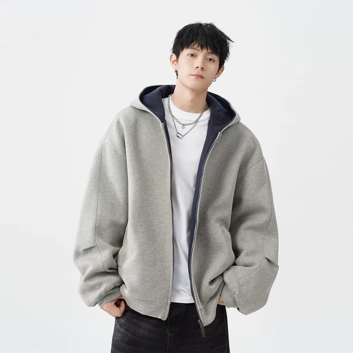 boy Boy American Style Heavyweight Double Zipper Hooded Sweatshirt For Men Spring Cool Casual Jacket Thickened Color-Block_voghion.com