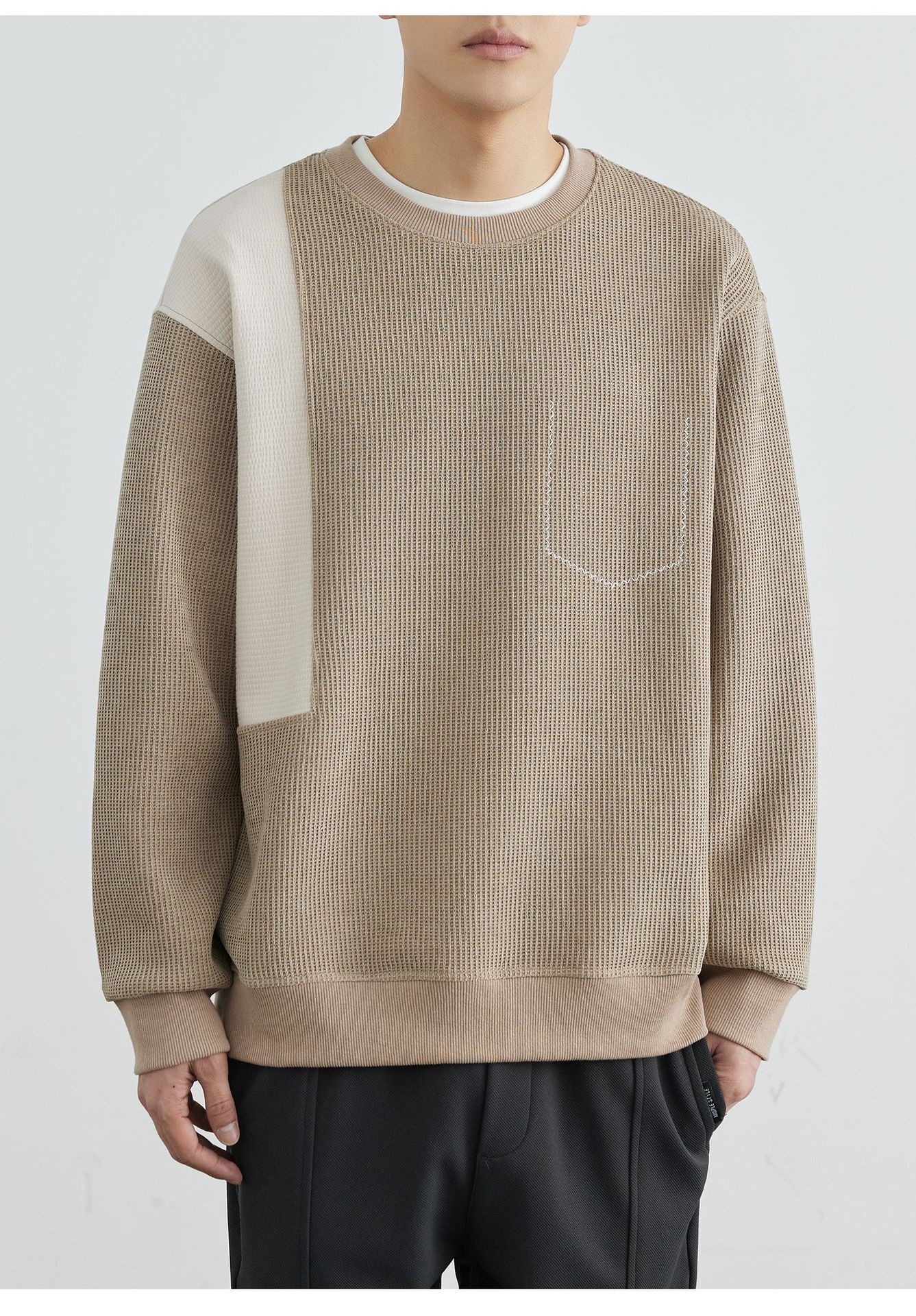 boy Boy Fleece-Lined Thickened High-End Patchwork Crew Neck Men's Sweatshirt 2025 Spring And Autumn New Loose Pullover Top_voghion.com