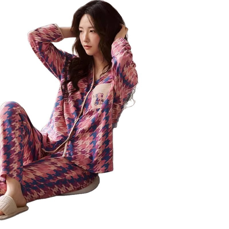 ChicShe Winter Langarmpyjama mit Brustpolstern für Damen, lockere Passform, süße Strickjacke, Übergröße, zweiteiliges Herbst-Homewear-Set_voghion.com