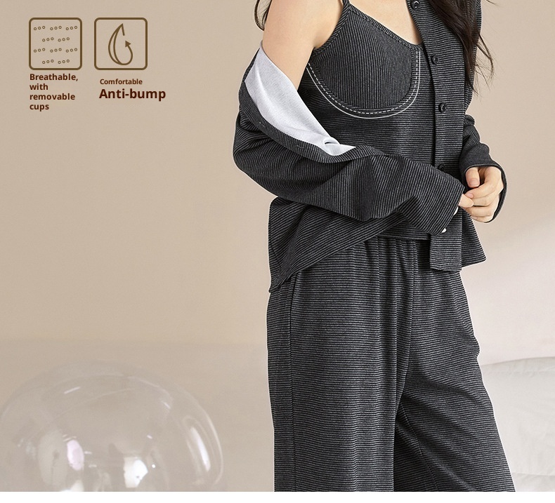 ChicShe Round Shell Three-Piece Pajamas For Women, Spring And Autumn, Pure Cotton, Long Sleeve, Camisole With Chest Pad,_voghion.com