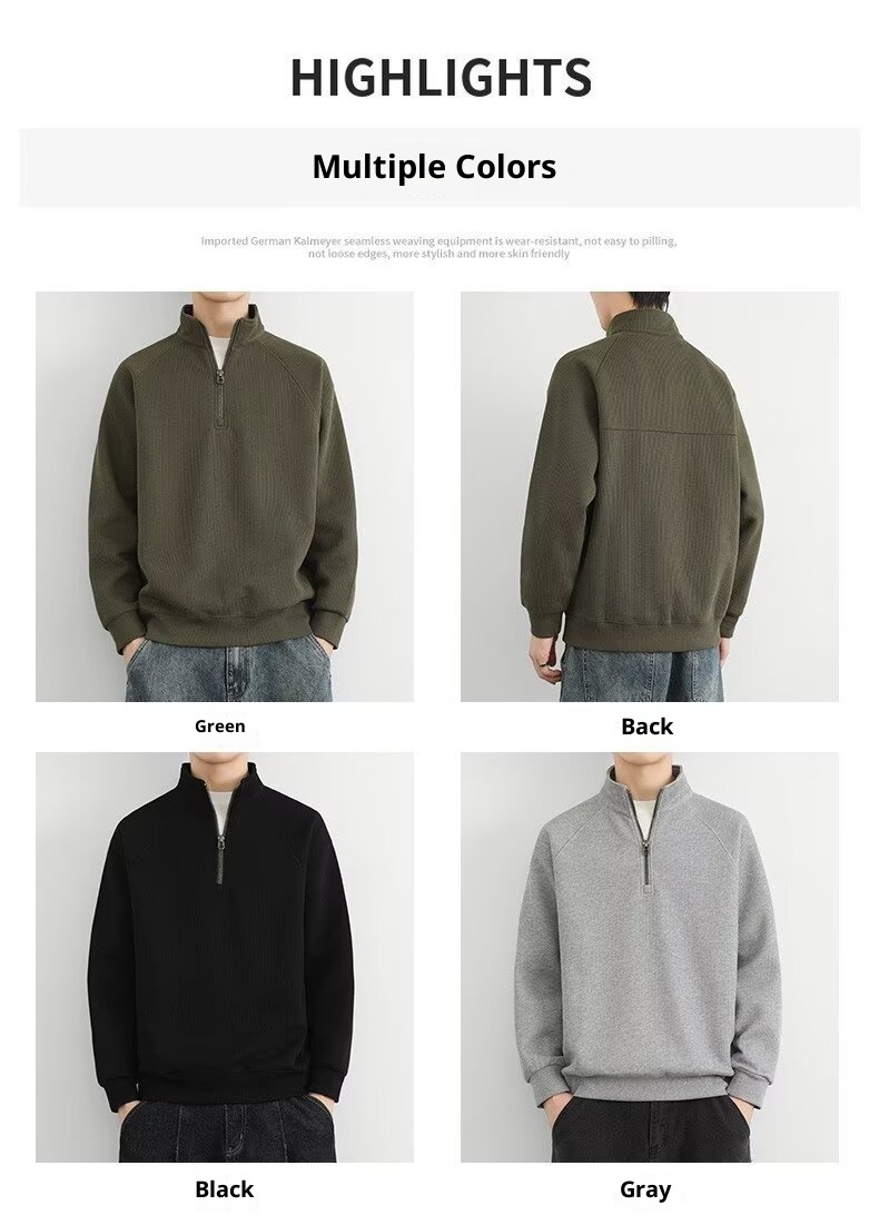 boy Boy Boy Half-Zip Stand Collar Sweatshirt Men, Spring, Autumn, Winter, American Retro Style, Fleece-Lined, Thickened, Solid_voghion.com