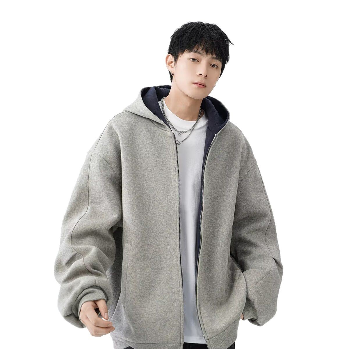 boy Boy American Style Heavyweight Double Zipper Hooded Sweatshirt For Men Spring Cool Casual Jacket Thickened Color-Block_voghion.com
